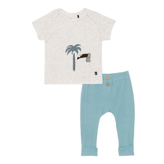 Organic Cotton Top and Pant Set Turquoise and Grey Mix