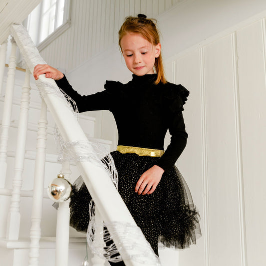 Dress With Frill Black With Gold Sparkle